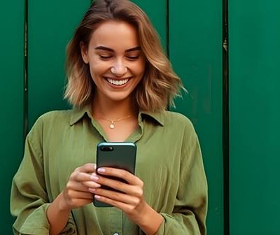 Portrait of a happy young woman using mobile phone over green ba