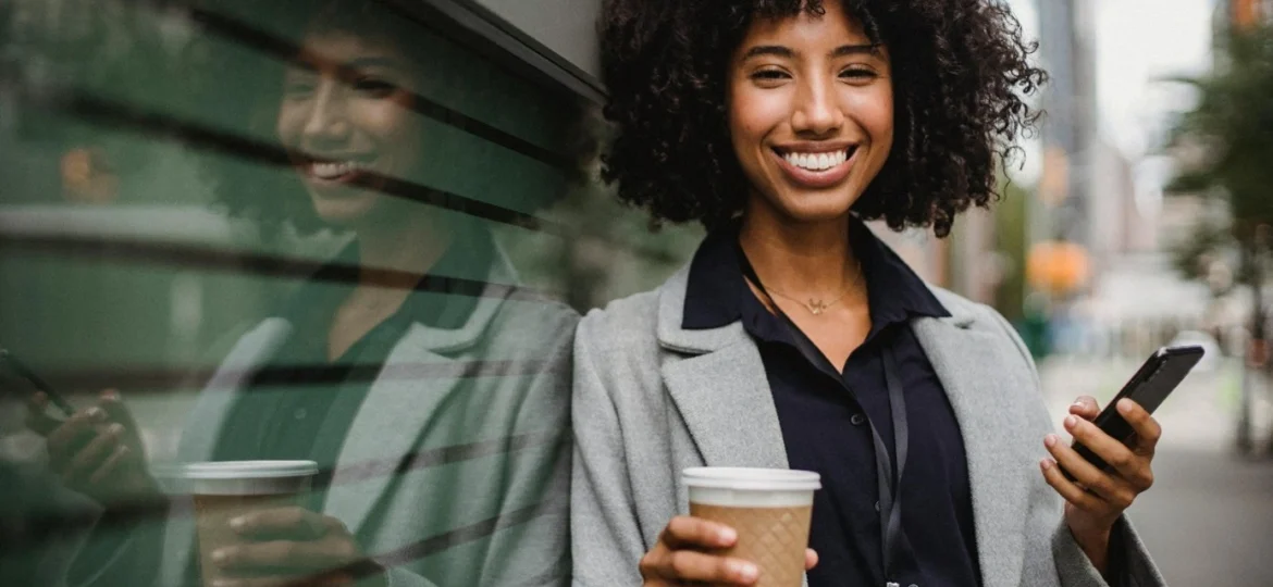Une femme souriante tenant un smartphone et un café
